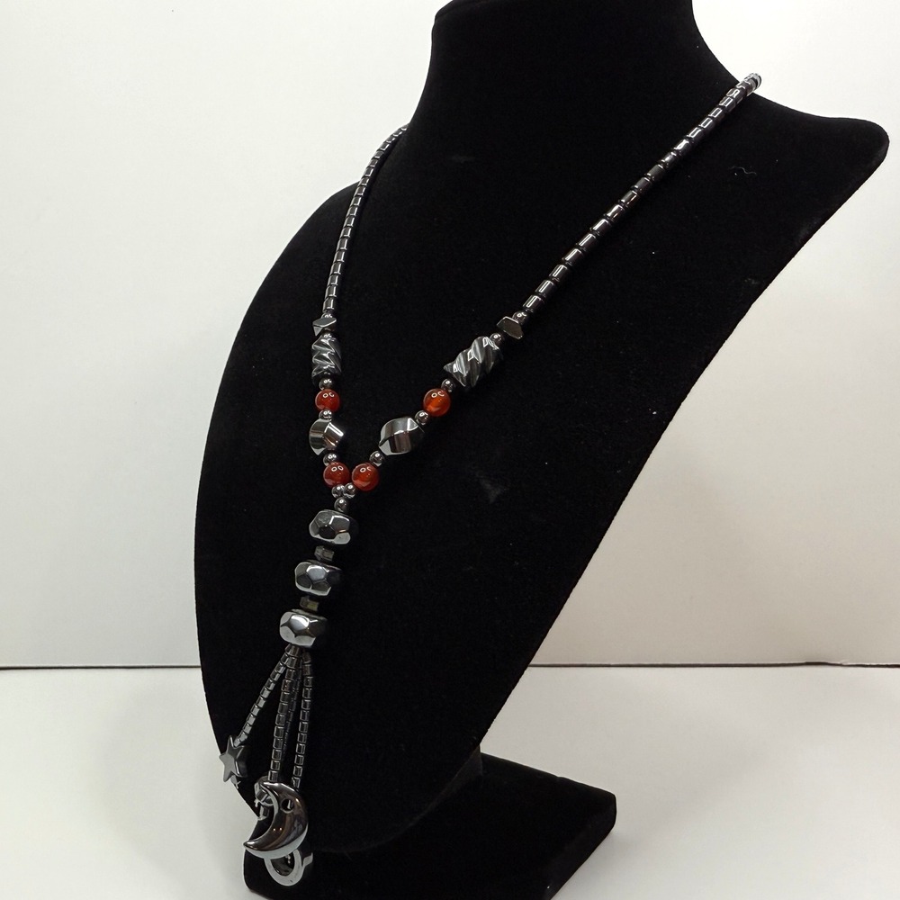 Hematite Y Necklace Star & Moon Charms Red Accent Glass Beads Jewelry 17.5 in L - Picture 3 of 7